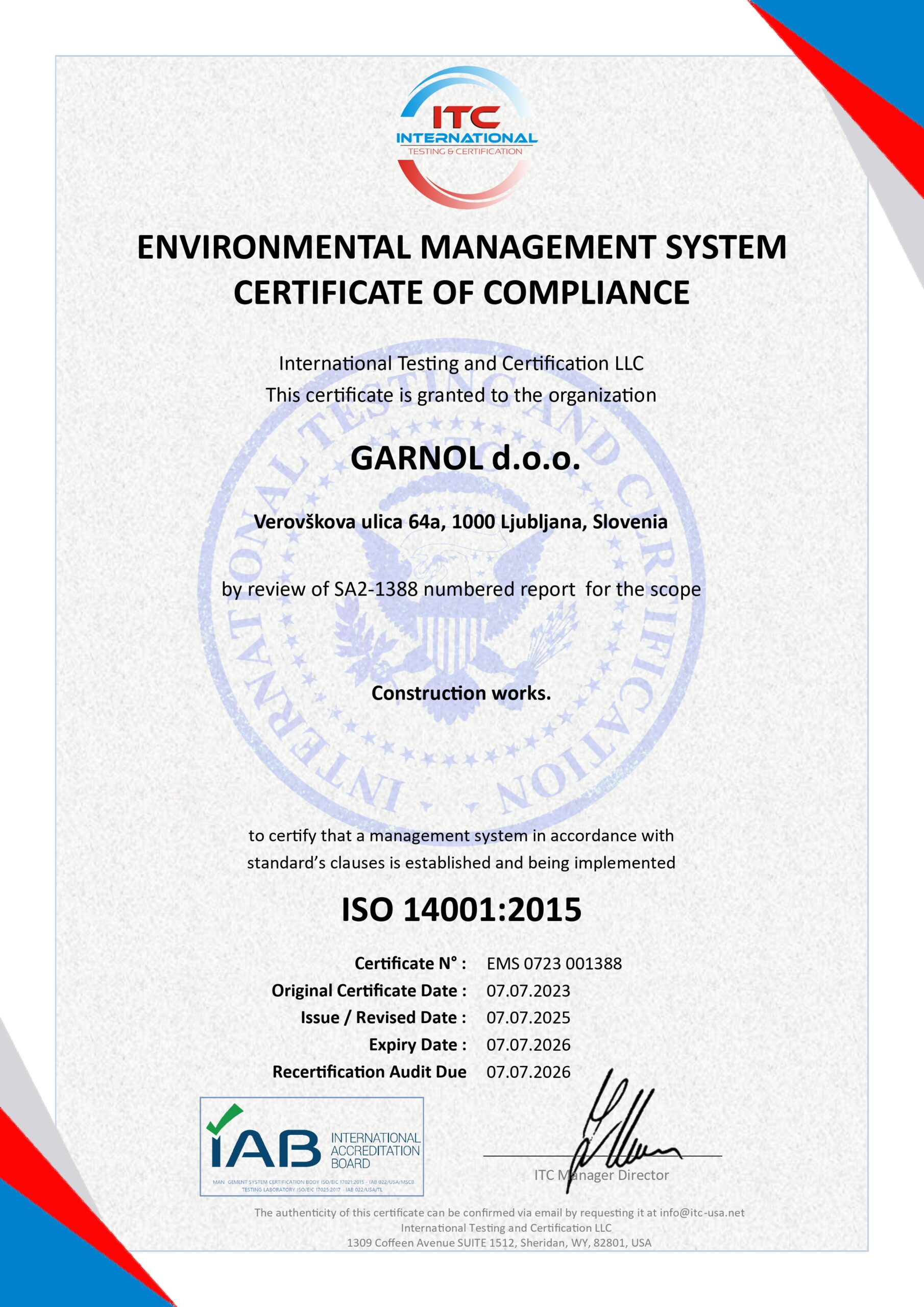 Certifikat ISO 14001:2015 za okoljsko upravljanje